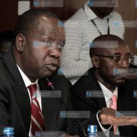 ICT Cabinet Secretary Fred Matiang’i and Communications Authority of Kenya board of directors' chairman Ngene Gituku
