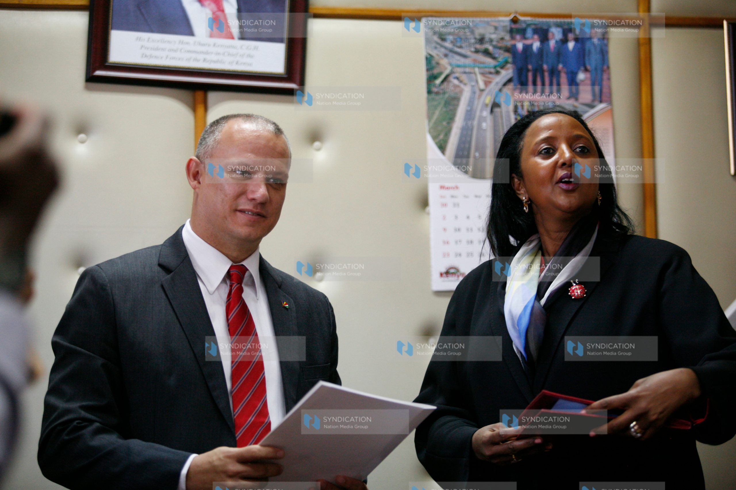 Kenyan Foreign Affairs CS Amina Mohamed and Seychelles Minister for Foreign Affairs Jean-Paul Adam