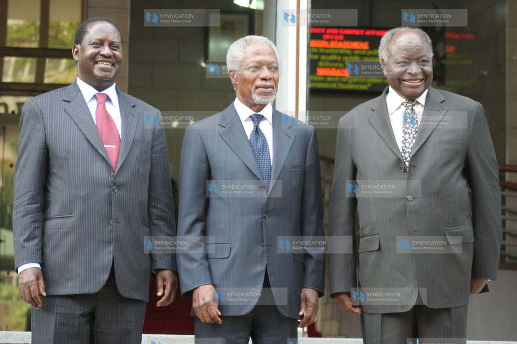 Chief mediator Koffi Annan, President Mwai Kibaki, Prime Minister Raila Odinga
