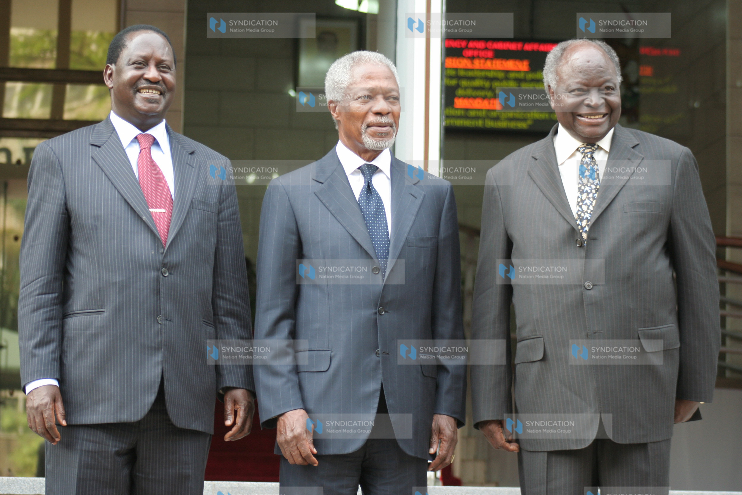 Chief mediator Koffi Annan, President Mwai Kibaki, Prime Minister Raila Odinga