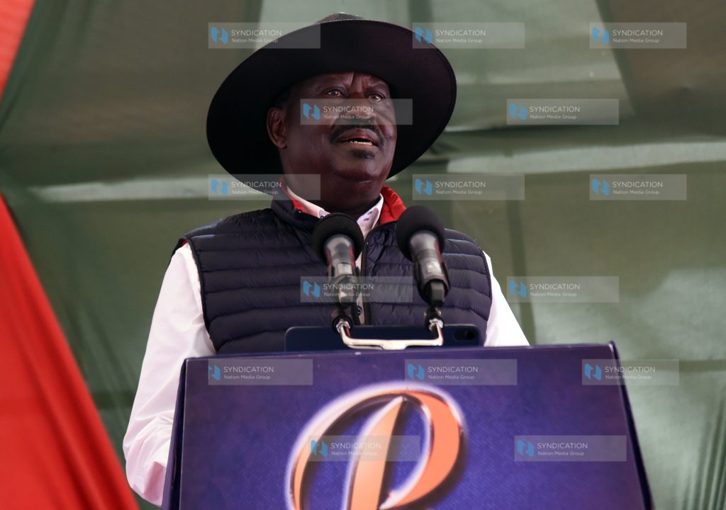 Azimio leader Raila Odinga addressing journalists