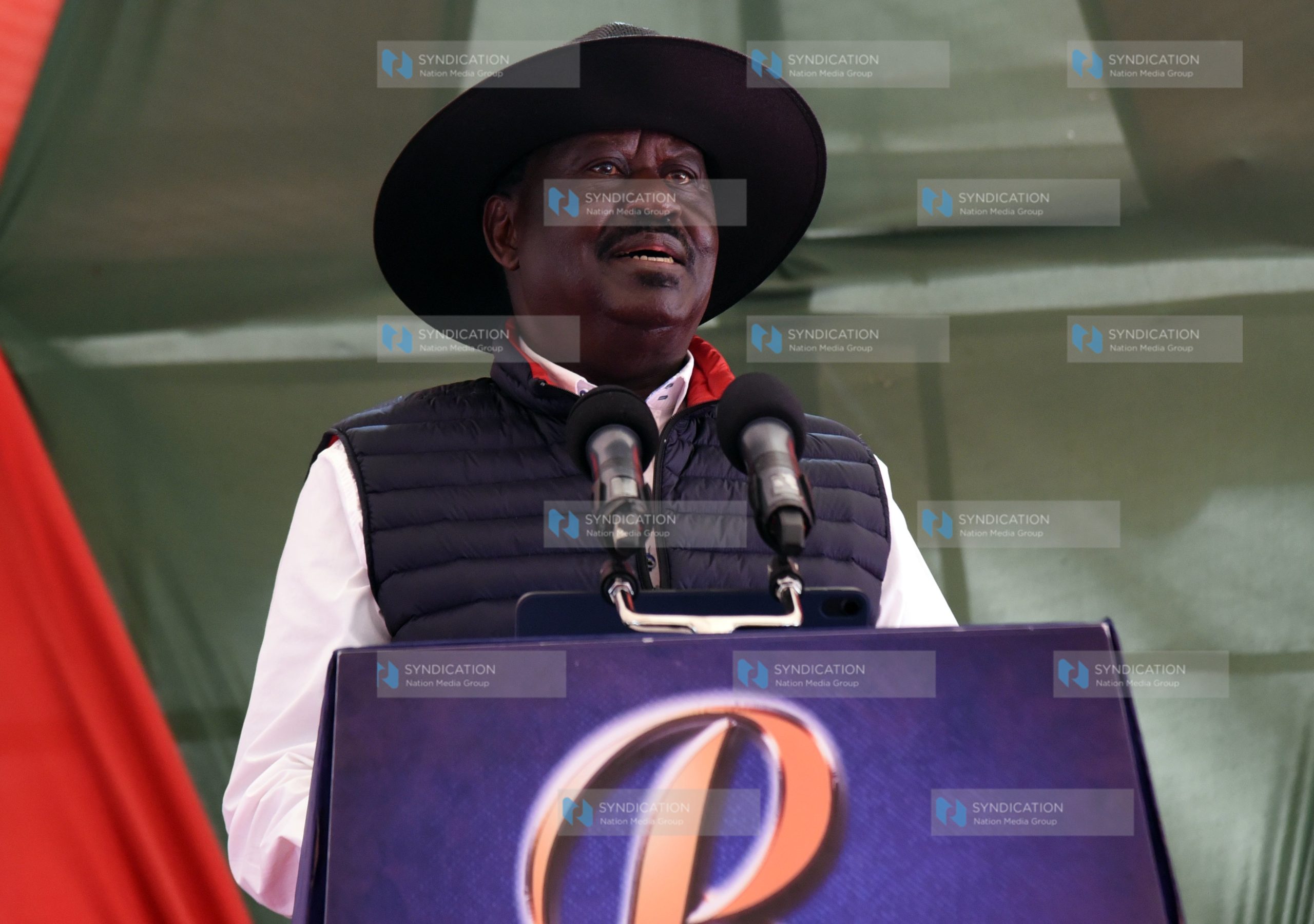 Azimio leader Raila Odinga addressing journalists