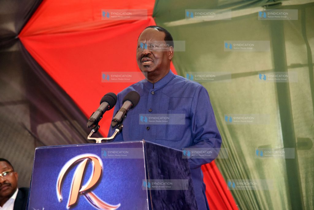 Azimio leader Raila Odinga addressing journalists