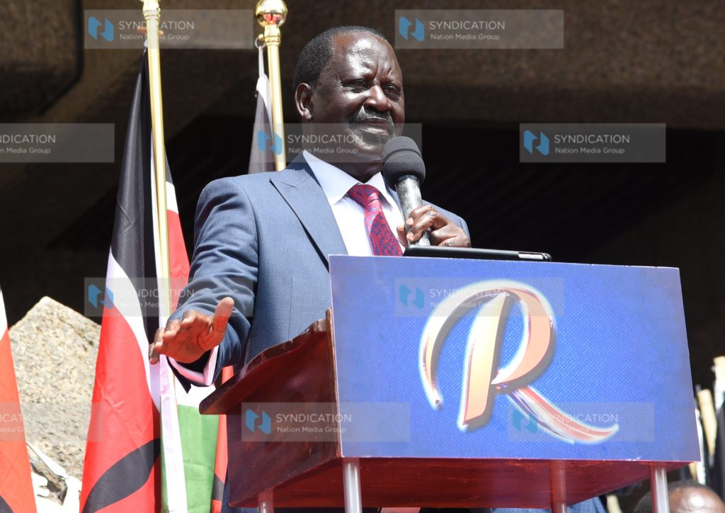 Azimio presidential candidate Raila Odinga delivers his speech