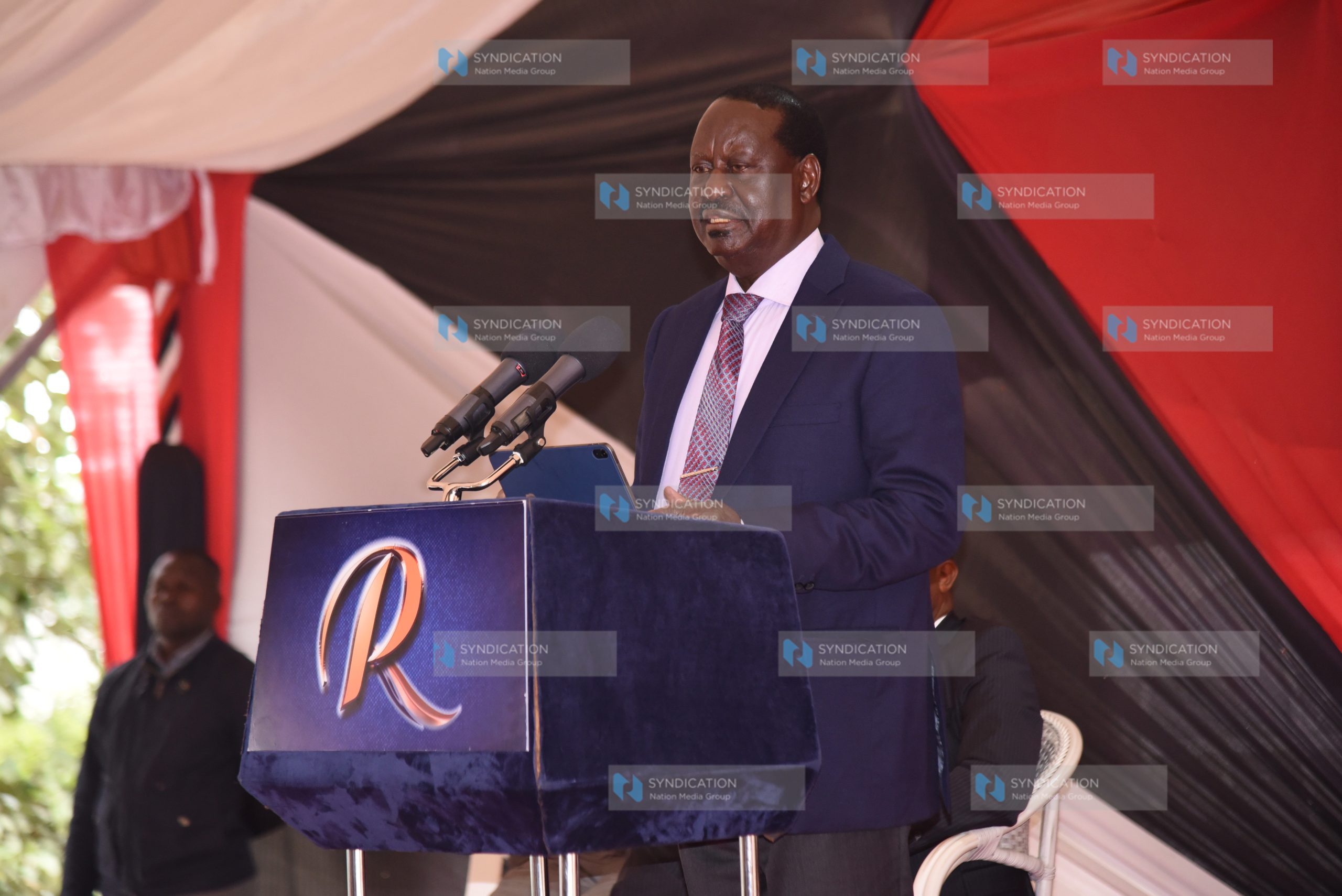 Azimio leader Raila Odinga addressing journalists