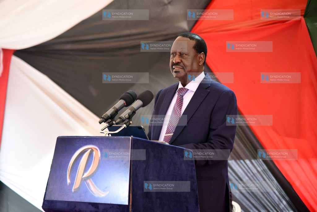 Azimio leader Raila Odinga addressing journalists
