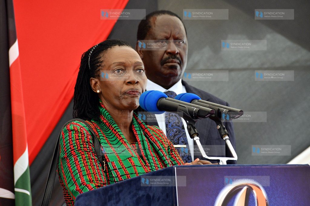 Martha Karua (left) addressing a media briefing