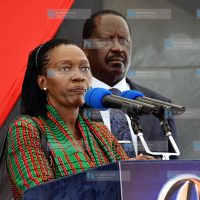 Martha Karua (left) addressing a media briefing