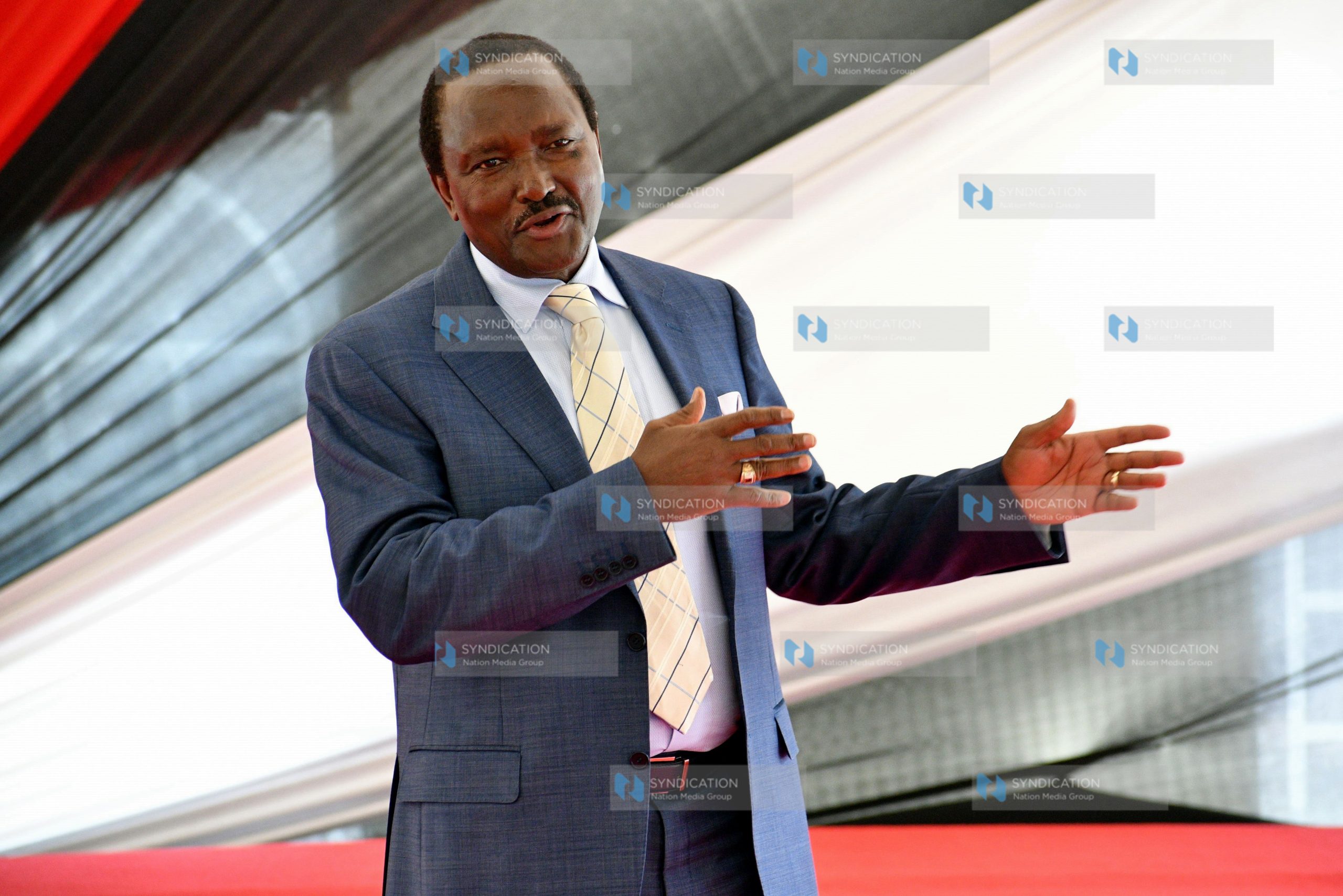 Kalonzo Musyoka gestures during a media briefing