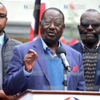 Azimio leader Raila Odinga addressing journalists