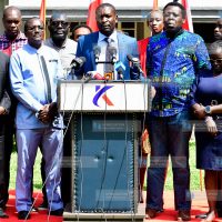 Edwin Sifuna (center, podium) addressing media at the SKM Center