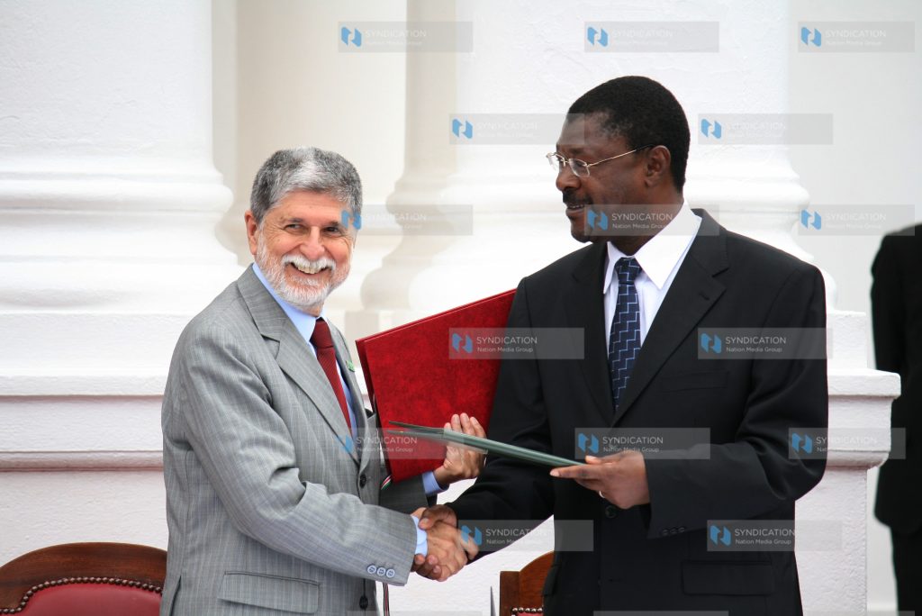 Kenya’s Foreign Affairs Minister Moses Wetangula and Brazilian Foreign Minister Celso Luiz Nunes Amorim