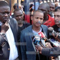Paul Ongili alias Babu Owino addressing the media outside parklands Police station