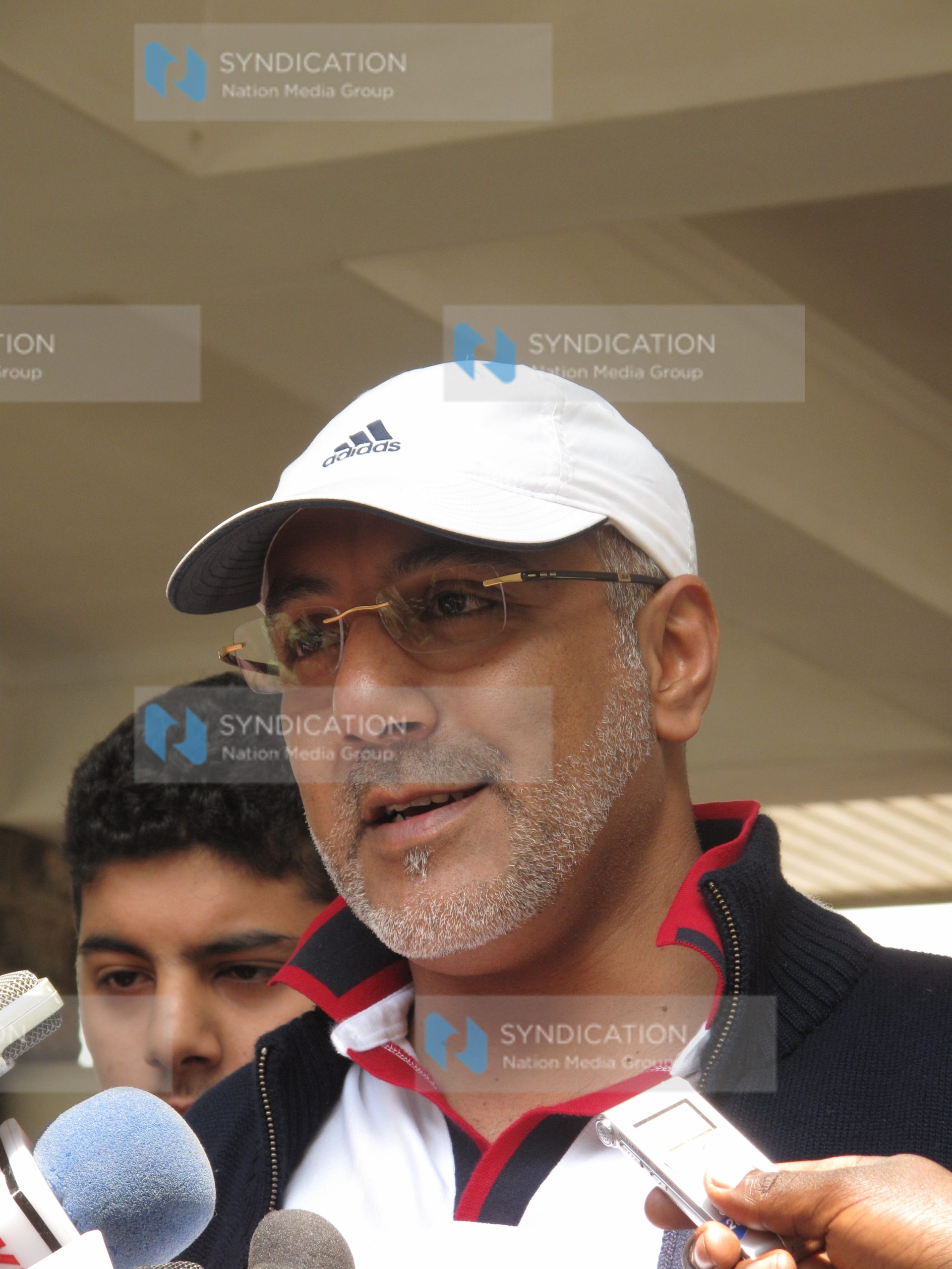 Najib Balala flanked by his son Naeem Balala addresses journalists