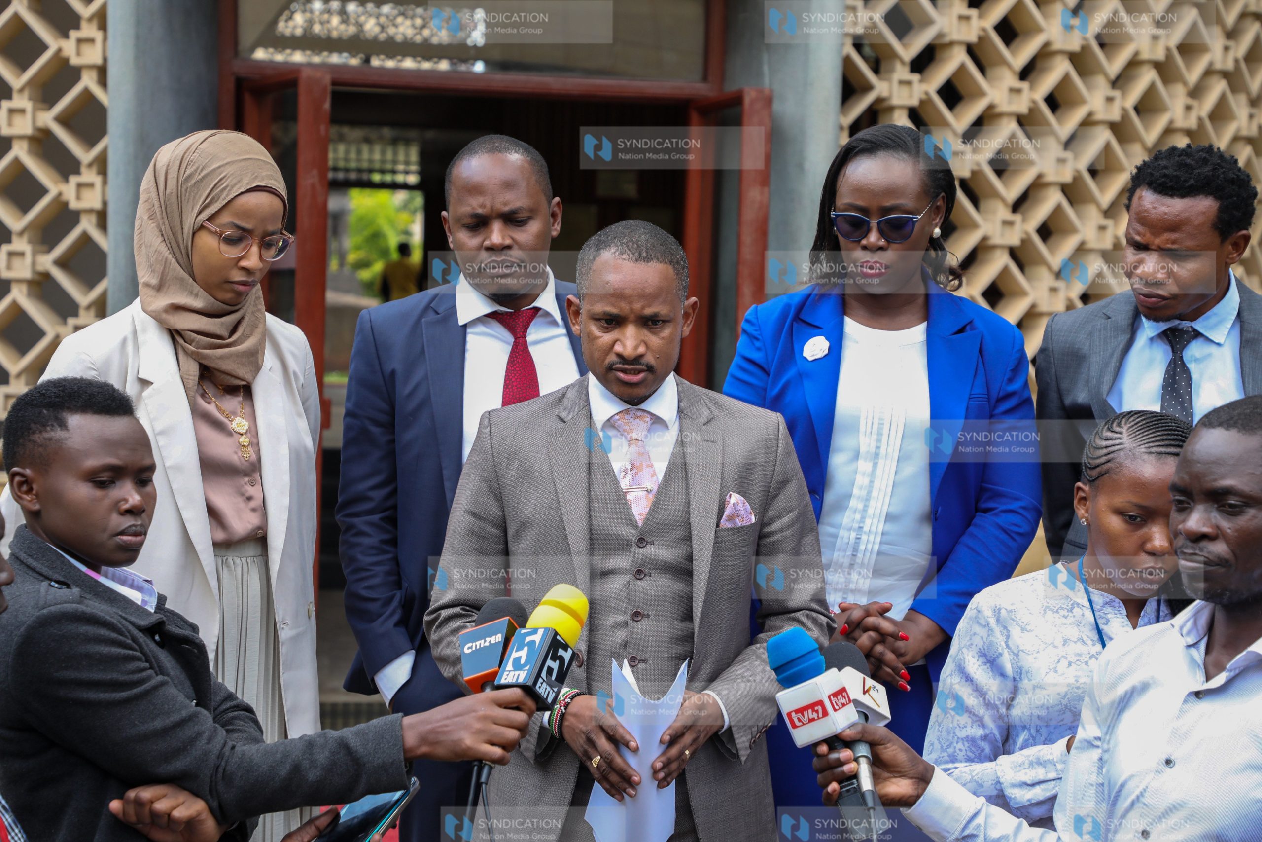 A section of opposition MPs led by Embakasi East MP Babu Owino at Parliament Buildings