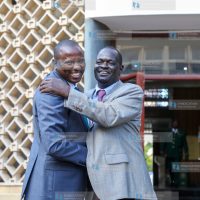 Kimani Ichung'wah and Nyando MP Jared Okello at Parliament Buildings