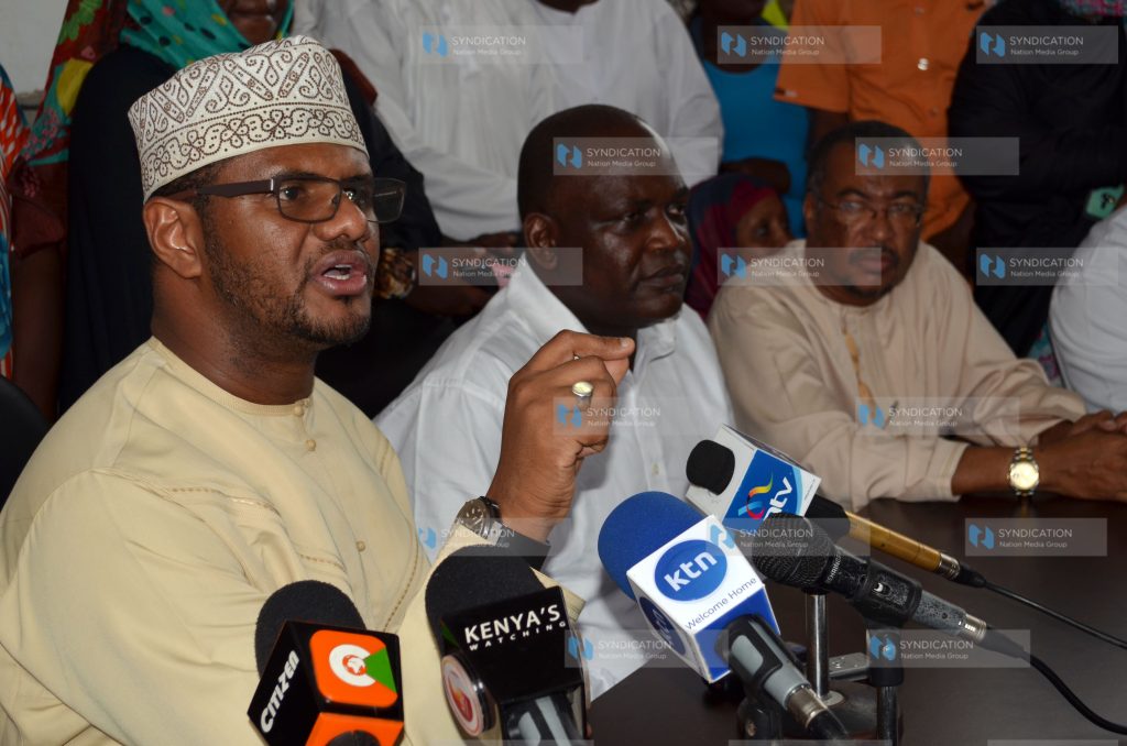 CORD Leaders led by Mombasa Senator Hassan Omar, Nyali MP Awiti Bolo