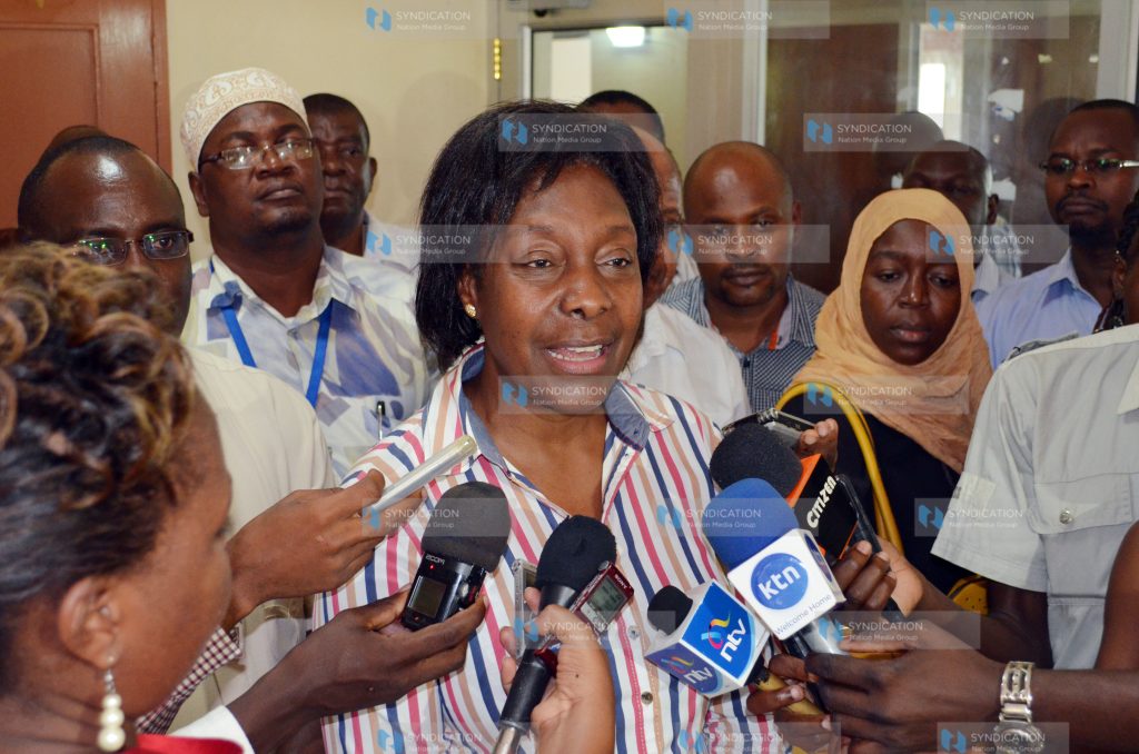 Lands Cabinet Secretary Charity Ngilu addressing the press