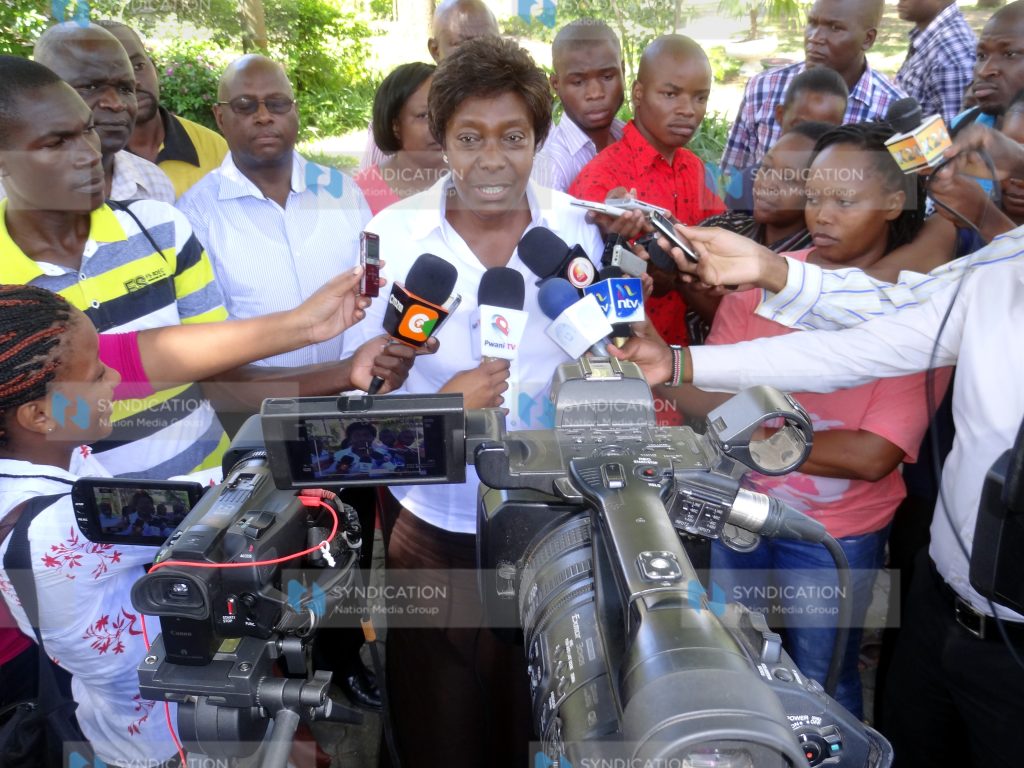Lands Cabinet Secretary Charity Ngilu addressing journalists