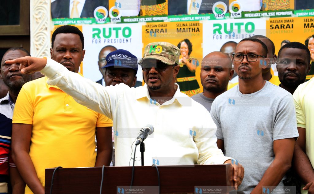 Nyali MP Mohamed Ali (right) with United Democratic Alliance (UDA) Governor Aspirant Hassan Omar