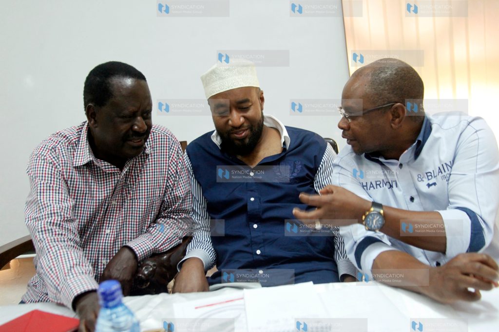 Raila Odinga (left) together with his deputy party leader Hassan Ali Joho