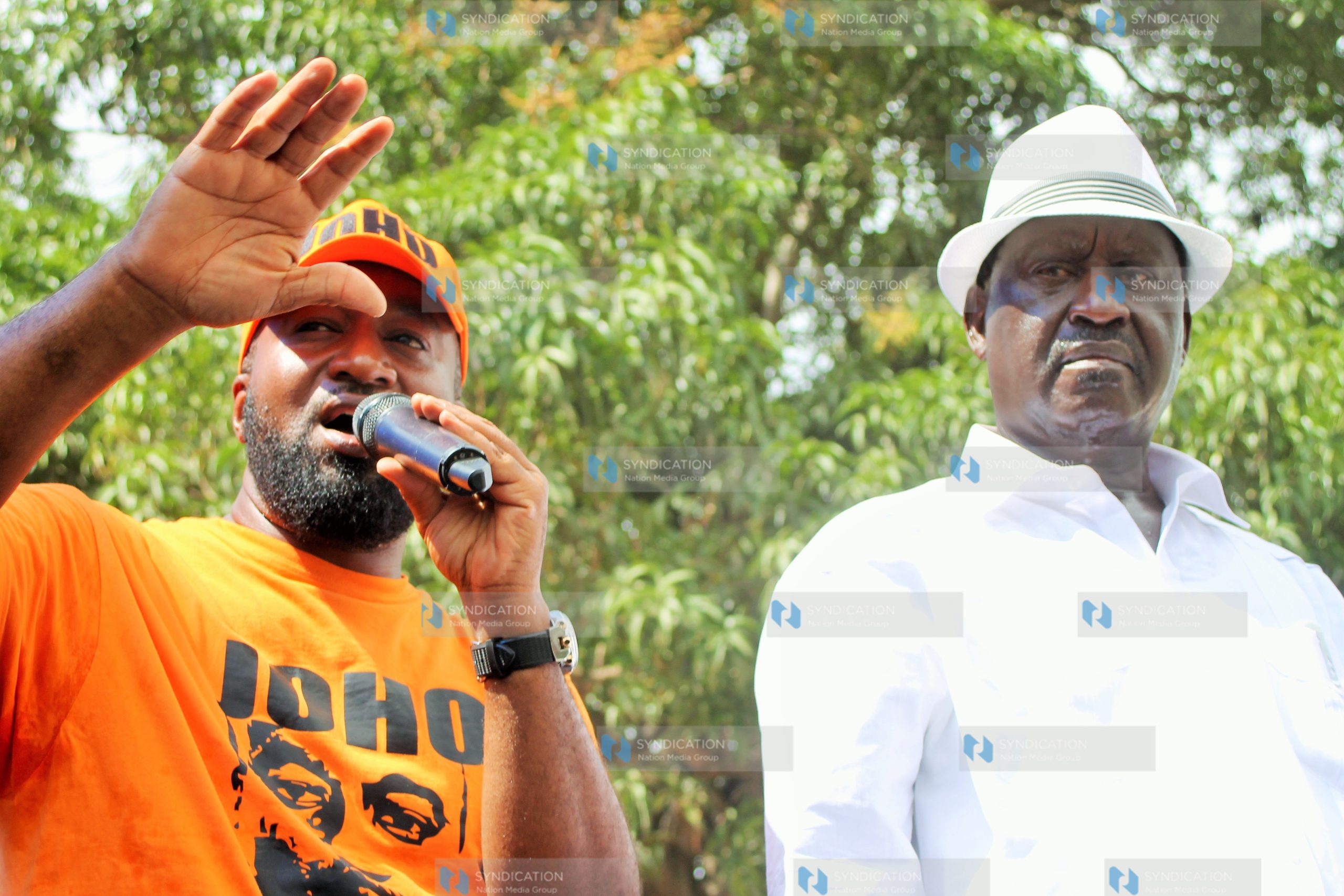 ODM party leader Raila Odinga is welcomed by Governor Hassan Joho