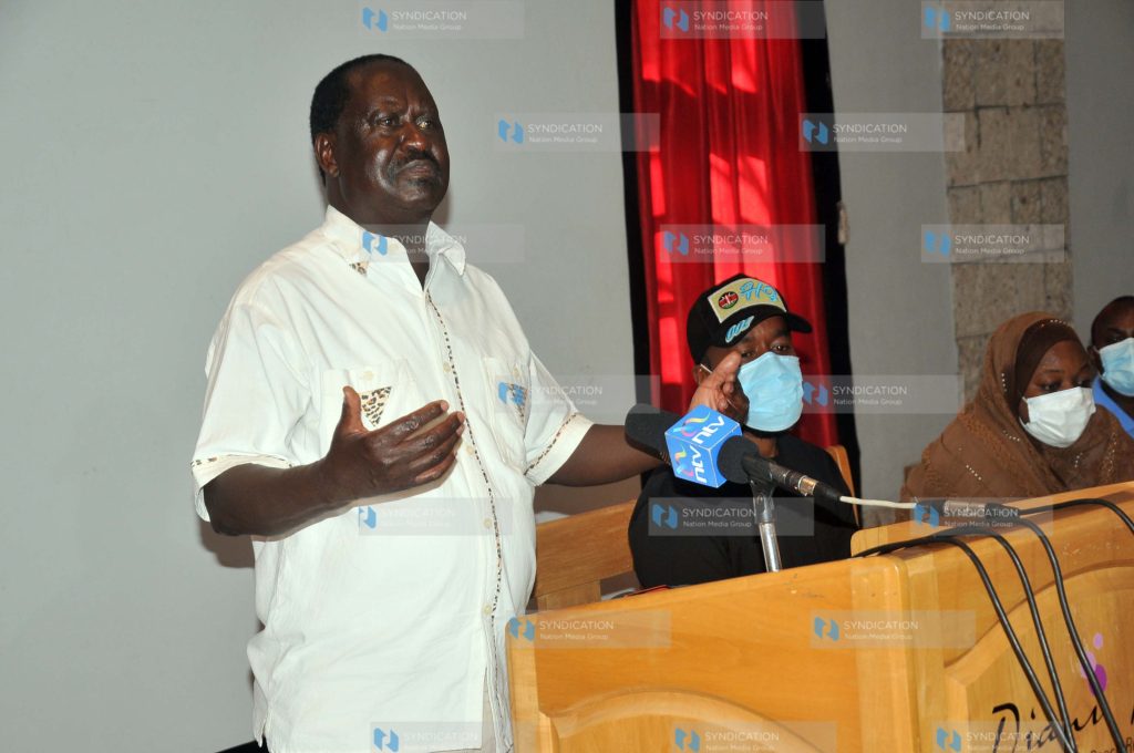 Raila Odinga accompanied with Mombasa governor Hassan Ali Joho address Kwale county party leadership