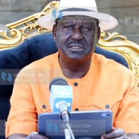 Azimio Leader Raila Odinga addresses the press at Makaazi Resort