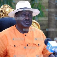 Azimio Leader Raila Odinga addresses the press at Makaazi Resort in Mombasa