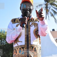 ODM party leader Raila Odinga addresses the crowd in Mtwapa, Kilifi County