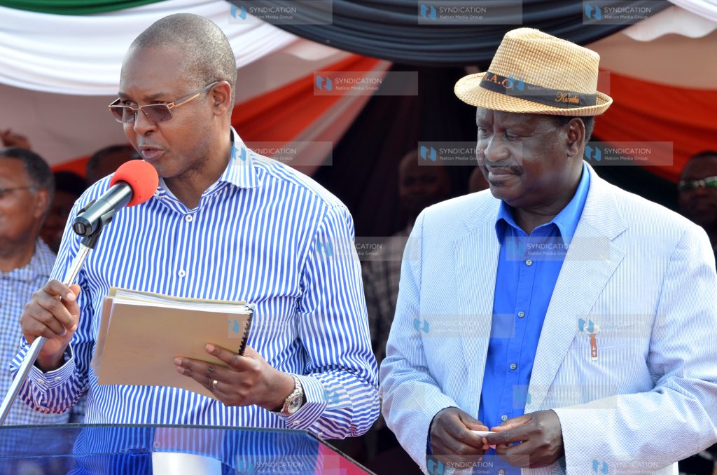 Raila Odinga and Taita Taveta Governor John Mruttu address residents at Mgeno Grounds