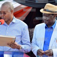 Raila Odinga and Taita Taveta Governor John Mruttu address residents at Mgeno Grounds