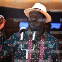 ODM leader Raila Odinga shares a light moment with Mombasa Governor Hassan Joho