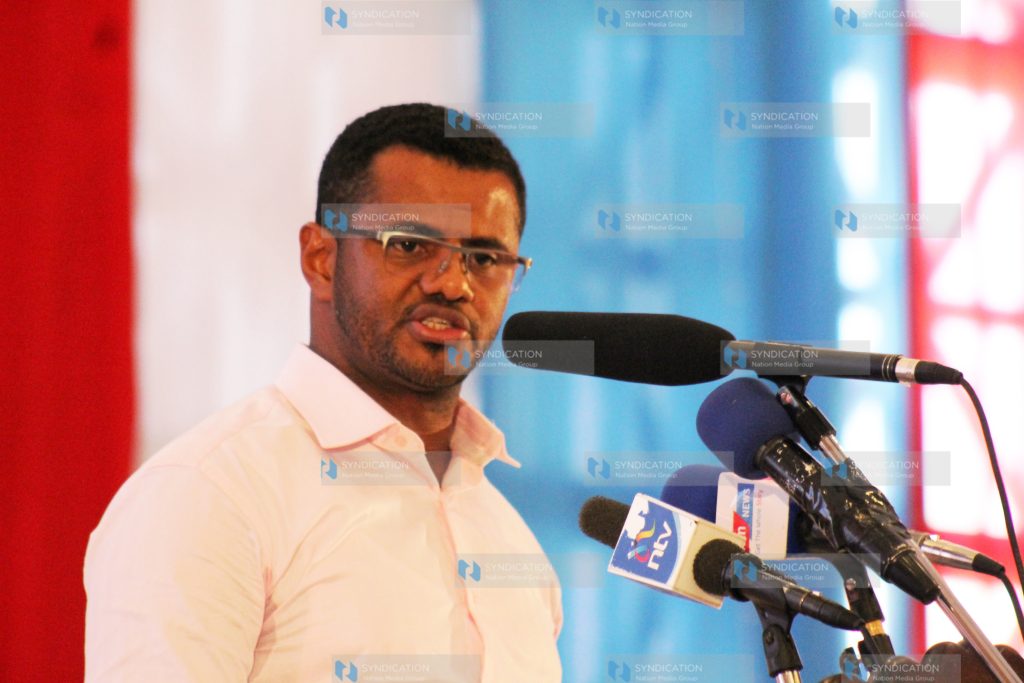 Mombasa County Senator Hassan Omar makes his address at Aga Khan Academy