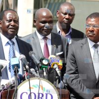CORD Leader Raila Odinga with IEBC chairperson Wafula Chebukati and Bungoma Senator Moses Wetang’ula