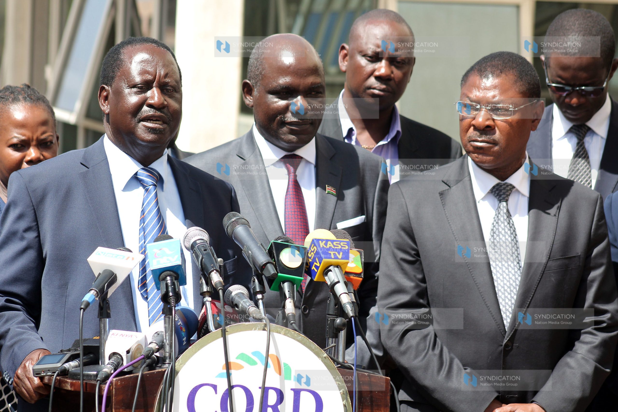 CORD Leader Raila Odinga with IEBC chairperson Wafula Chebukati and Bungoma Senator Moses Wetang’ula