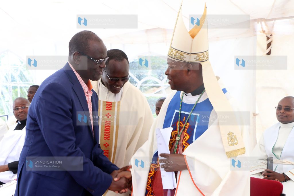Meru Governor Kiraitu Murungi is welcomed by Bishop Selassio Mugambi