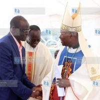 Meru Governor Kiraitu Murungi is welcomed by Bishop Selassio Mugambi