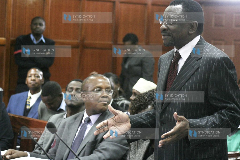 Wiper Party Lawyer James Orengo argues his case at Milimani Law Courts