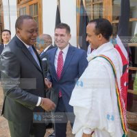 President Uhuru Kenyatta chats with the new US Ambassador to Kenya, H.E. Kyle McCarter and H.E. Meles Alem Tekea, the new Ambassador of the Federal Republic of Ethiopia to Kenya
