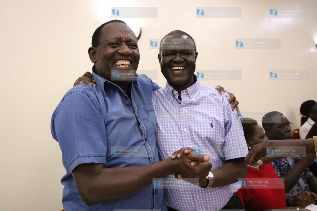 Meru Senator Kiraitu Murungi (right) and Tigania East MP Mburu Aburi