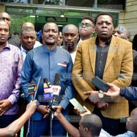 Wiper Party Leader Kalonzo Musyoka (center) briefs media