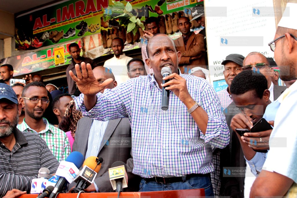 National Assembly Aden Duale flanked by Somali community MPs addressing people
