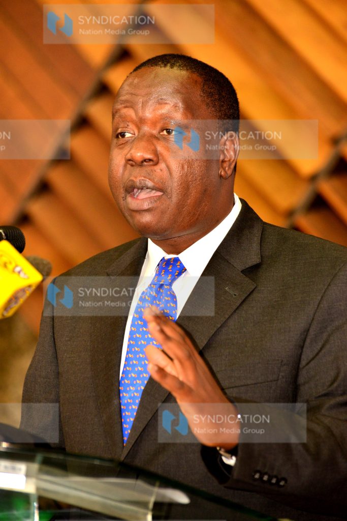 ICT Cabinet Secretary Fred Matiang’i speaks to journalists