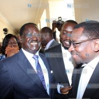 Raila Amollo Odinga with Siaya Senator James Orengo at the Supreme Court buildings