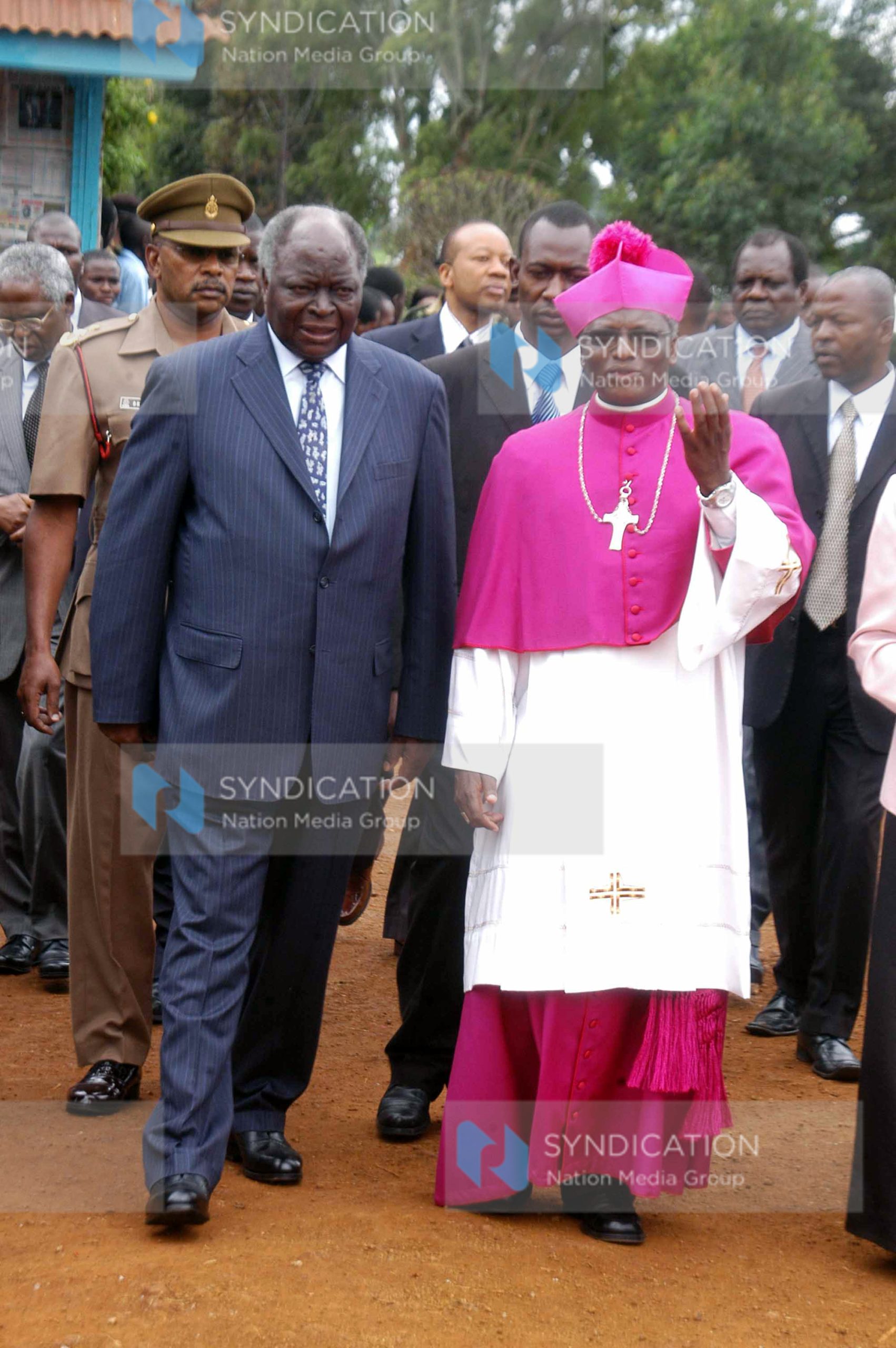President Mwai Kibaki is welcomed by Embu catholic diocese Bishop Paul Kariuki