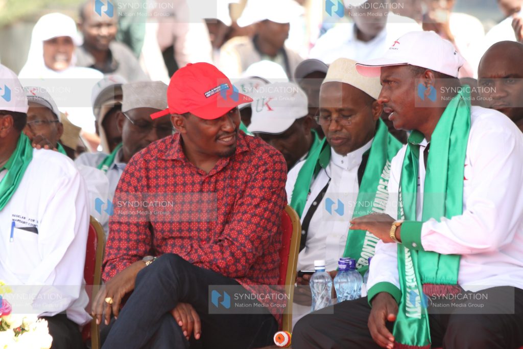 Devolution Cabinet Secretary Mwangi Kiunjuri (left) and Frontier Alliance Party leader Ukur Yattani