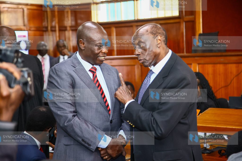 Impeached DP Rigathi Gachagua interacts with Senior Counsel Paul Muite