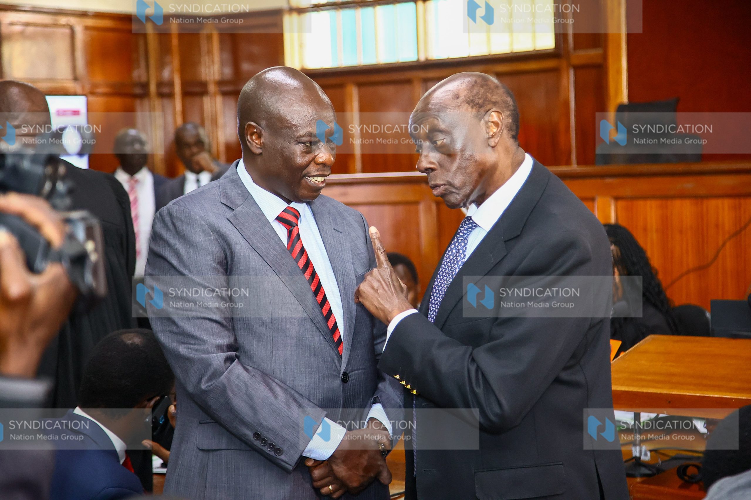Impeached DP Rigathi Gachagua interacts with Senior Counsel Paul Muite