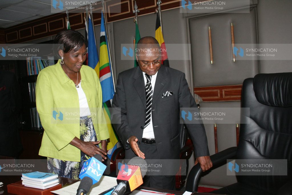 Newly appointed Fisheries Minister Amason Kingi welcomes the EAC minister Prof Helen Saambili